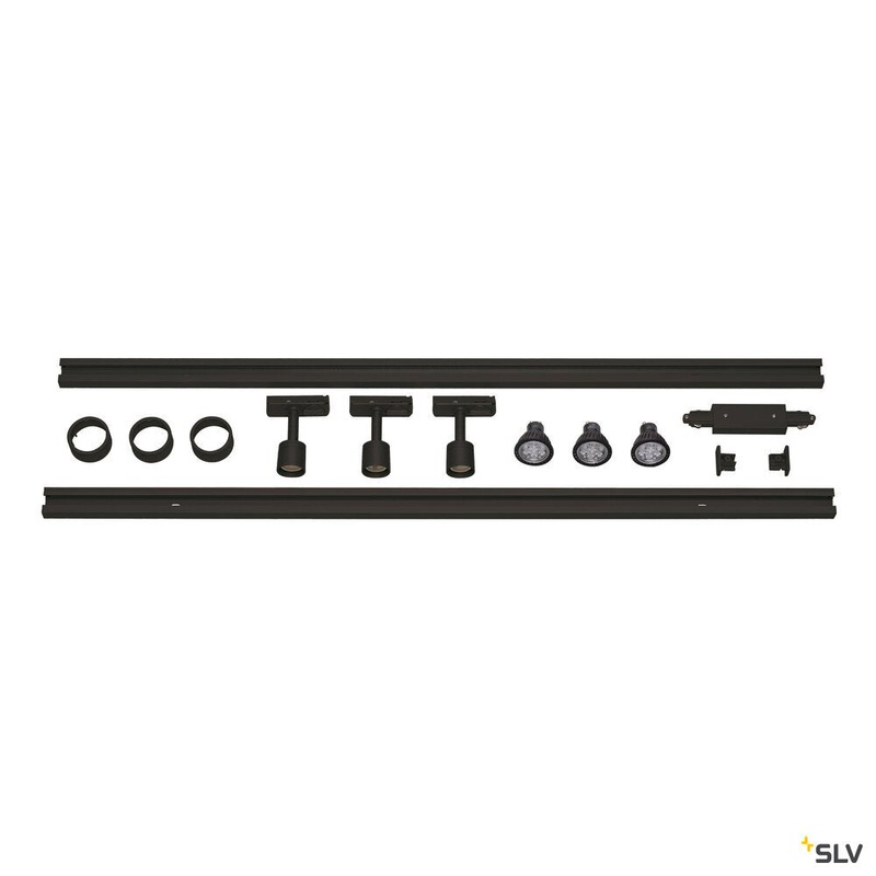 1-PHASE HIGH-VOLTAGE SET, triple-headed, LED GU10 51 mm, black, incl. 2×1 m 240V track, 3x Puri lamp heads, long connectors, 2 end caps, 3x deco ring, 3x LED GU10 lamp