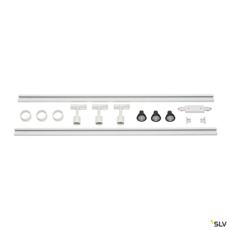 1-PHASE HIGH-VOLTAGE SET, triple-headed, white, incl. 2×1 m 240V track, 3x Puri lamp heads, long connectors, 2 end caps, 3x deco ring, 3x LED GU10 lamp