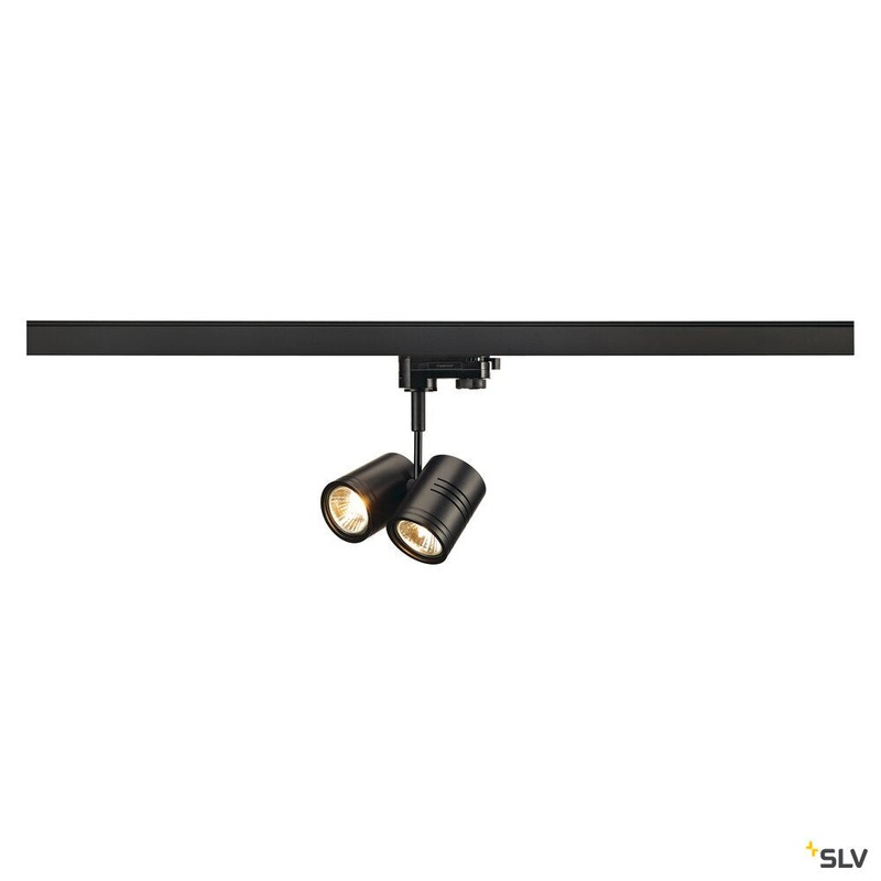 BIMA 2, spot for 240V 3-phase track, double-headed, QPAR51,round, matt black, max. 100W, incl. 3-phase adapter
